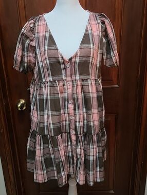 dELiA*s Pink and Brown Plaid Tiered Mini Dress